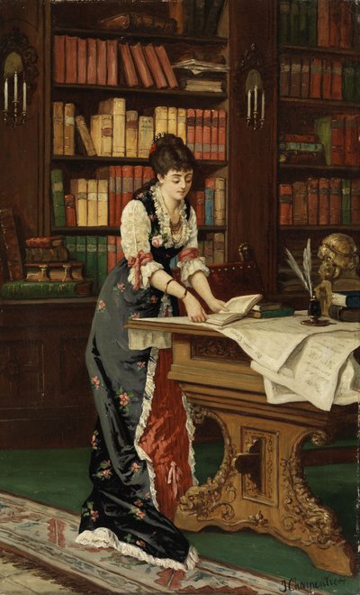 Joven mujer leyendo en una sala de biblioteca de Jean Baptiste II Charpentier